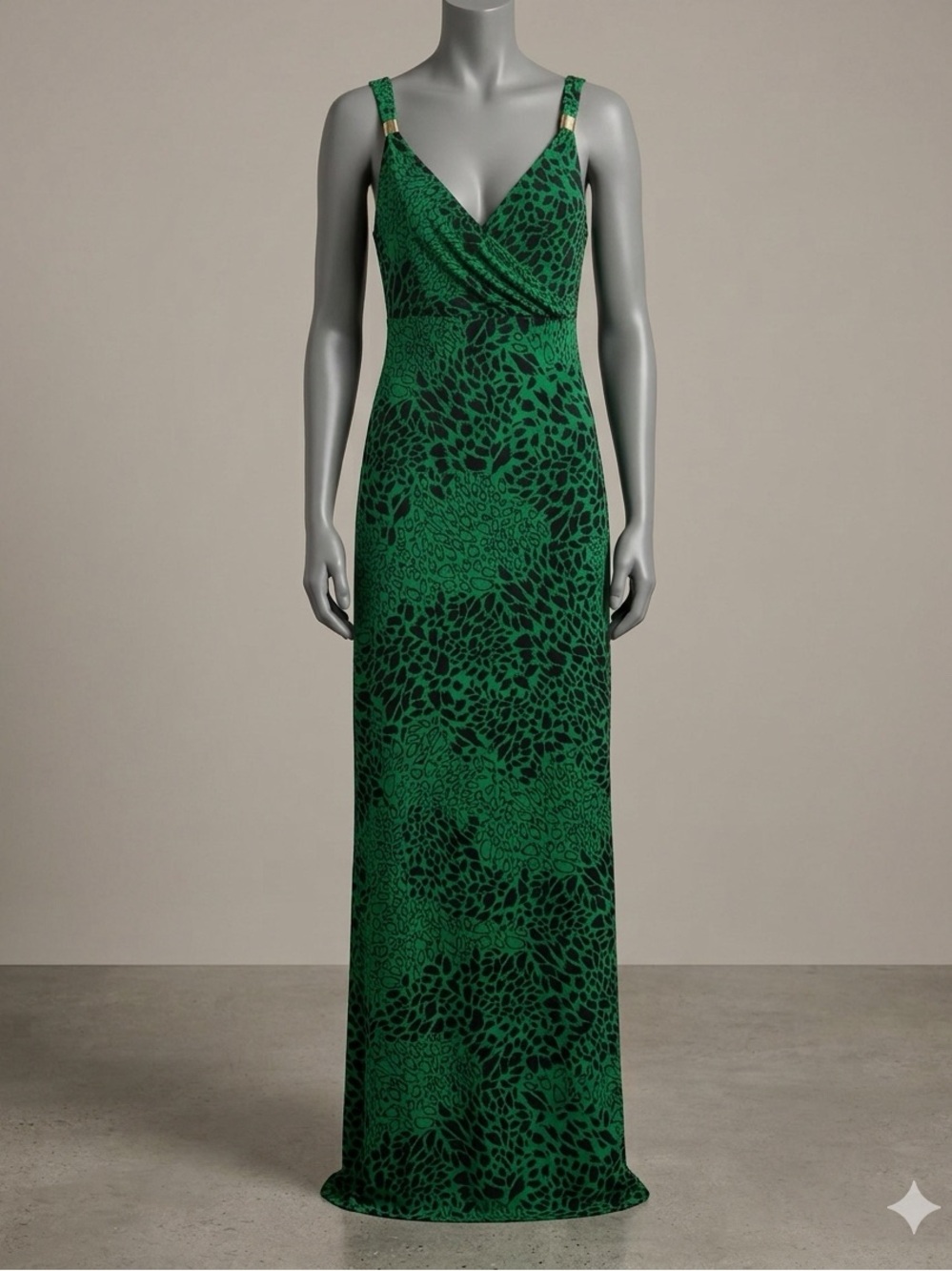 White house black market Green Black Leopard Maxi dress gold hardware sz M